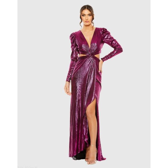 NWT Ieena for Mac Duggal Princess Sleeve Cut Out Metallic Gown in Fuchsia 27060 - Picture 2 of 16